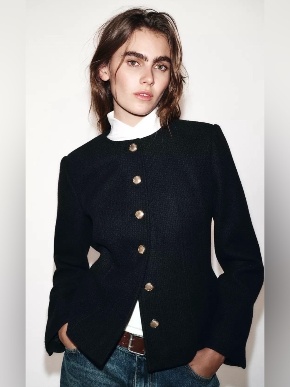Zara NWT Black Collarless Gold Button Tailored Blazer Jacket